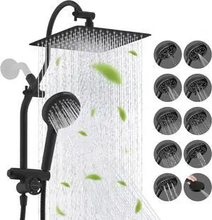 Upgraded All Metal 10Rainfall Showerhead Combo High Pressure Shower Head with 10-Spray Mode Handheld Innovative 4-way Diverter with Pause Mode 71 Shower Hose and Handheld Holder Black
