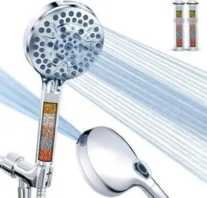 Filtered Shower Head with Handheld High Pressure 10-Mode with Filters Built-in Power Wash soften hard water Remove Chlorine Reinforced Hose Overhead Bracket Anti-clog nozzle (Chrome)