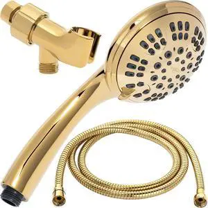 6 Function Handheld Shower Head Kit - High Pressure Removable Hand Held Showerhead With Hose & Mount And Adjustable Rainfall Spray 2.5 GPM - Polished Brass