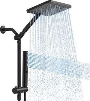 Shower Heads with Handheld Spray Combo Matte Black 10 Inch High Pressure Rain/Rainfall Shower Head Height Adjustable Dual 2 in 1 Shower Head System with Stainless Steel Hose