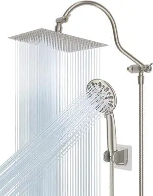 12 All Metal Shower Head High Pressure Rainfall Shower Head/Handheld Showerhead Combo/ 12 Adjustable Curved Shower Extension Arm 7-Spray 71 Adhesive Showerhead Holder Brushed Nickel