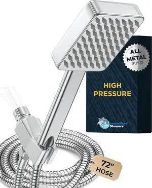 ? ALL METAL Square Handheld Shower Head with Hose and Brass Holder - CHROME - 2.5 GPM High Pressure Shower Heads with Adjustable Shower Wand Bracket - 6ft Flexible Extension