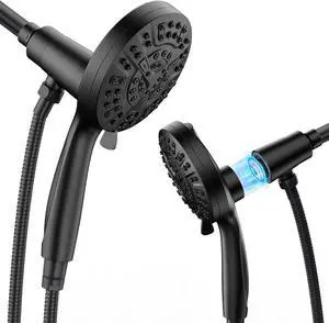 High Pressure 10 Ways Handheld Shower Head Matte Black- Anti-clog Nozzles Built-in Power Wash to Clean Tub Wall & Overhead Brackets Magnetitc Rainfall Shower Wand Built-in 2 Power Jet