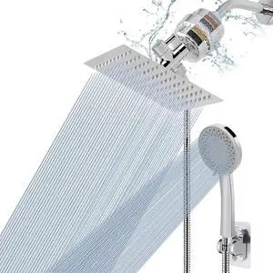 Filtered Shower Head High Pressure 8Square 5 settings Handheld Rain Shower Filter Combo with Self-adhesive Holder/1.5M Hose -1 Replaceable Filter Cartridge (Chrome Finish)