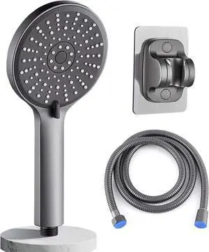 Water Heater Shower Set 5-Mode Spray Handheld Showerhead with 59 Inch Long Stainless Steel Burst-resistant Hose and Damage-free Wall Shower Holder Anti-clog Nozzles Water Saving Showerhead Gun Gray
