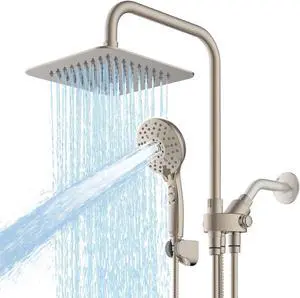 8 Dual Shower Head Combo High Pressure Rainfall Shower Head with Handheld 6 Spray Settings Angle Adjustable Handheld Shower Head with Pause Height Adjustable Brushed Nickel