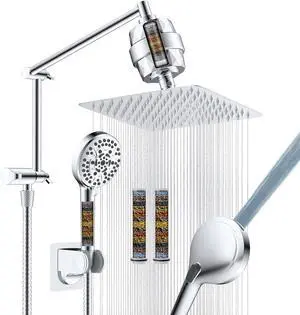 Metal Rain Filtered Shower Head 10 High Pressure Rainfall Shower Head with Handheld Spray 10-Mode Handheld Powerful Wash 16 Adjustable Extension Arm 2 Pack Shower Filters Chrome