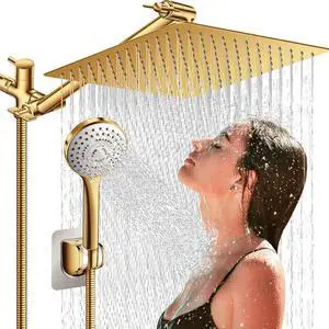 12 Shower Head with Handheld High Pressure Rainfall Shower Head Combo with 11 Adjustable Extension Arm 5 Setting Hand Held Shower Head with 60 Inch Shower Hose. Anti-Leak (Gold)