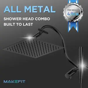 All Metal Dual Shower Head Combo with Curved Extension Arm 10 High Pressure Rain Shower Head with Handheld Spray Square Adjustable Rainfall Showerhead System 71 Extra Long Shower Hose Black
