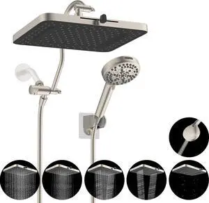 5-spray 13 Shower Head High Pressure Rainfall Shower Head Dual Showerhead Combo with 10-mode Handheld Spray 12 Adjustable Extension Arm 71 Hose Showerhead Holder Brushed Nickel