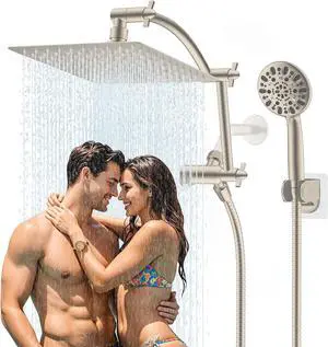 All Metal Shower Head 10 High Pressure Rain Shower Head/Handheld Showerhead Combo with 16 Adjustable Shower Extension Arm 7-Spray 71 Hose Adhesive Showerhead Holder Brushed Nickel