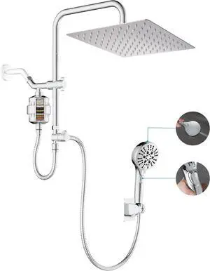 Dual Shower Head with Filter Combo Stainless Steel 10in Rainfall Showerhead with 10in Height Adjustable Slide Bar&3-Way Diverter Handheld Shower Head with On Off Switch&Adhesive Shower Holder