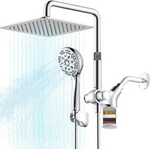 Ryamen Upgraded Dual Shower Heads Combo, 10 inch Filtered Shower Head with Handheld, 3-Way Rain Shower Head with Filters, 7 Settings Handheld Spray, High Pressure, Height Adjustable (Silver)