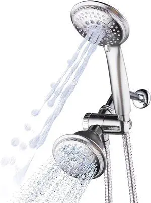 1733 Handheld Showerhead & Rain Shower Combo. High Pressure 24 Function 4 Face Dual 2 in 1 Shower Head System with Stainless Steel Hose Patented 3-way Water Diverter in Nickel Finish