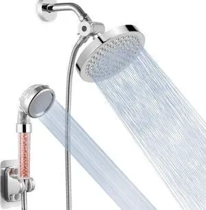 High Pressure Rain Shower Head with Handheld Spray Combo Hand Held Filter Showerhead with Self-adhesive Holder and 59 Hose (Round Chrome)