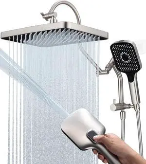 13-Inch Shower Heads with Multi-Function Handheld Sprayer Combo 3-Way Metal Extended Diverter with Holder and Metal Adjustable Curved Shower Extension Arm Extra Long Hose Brushed Nickel