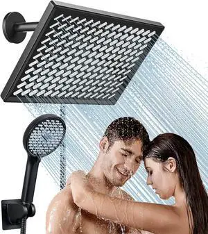 11.8 Inch Rain Shower Head with Handheld - Adjustable Dual Shower Heads with 6 Modes Handheld Spray Combo - Wide Rainfall Showerhead with Hose Bathroom Accessories - Black
