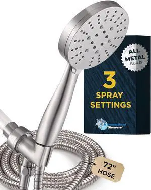 ? ALL METAL 3-Spray Handheld Shower Head with Long Hose and Holder - BRUSHED NICKEL - 2.5 GPM High Pressure Shower Head with Handheld Sprayer - WIDE MASSAGE and MIST Sprays