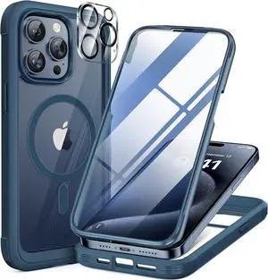 Magnetic for iPhone 15 Pro Case [Compatible with MagSafe] Full-Body Phone case with Built-in Glass Screen Protector& Camera Protector Military Drop Proof 15 Pro Cover 6.1 inch Storm Blue