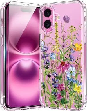 for iPhone 16 Plus Case with Screen Protector Enhanced Camera Protection Crystal Clear Cover with Fashionable Designs for Girls Women Slim Fit Protective Phone Case Blooming Flowers