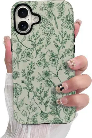 Magnetic Sage Floral Phone Case for iPhone 16 Plus Vintage Green Flower Pattern Compatible with Magsafe Matte Protective Case Cover with Screen Protector for Girls Women
