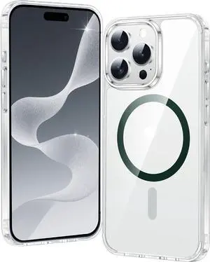 for iPhone 15 Pro Case: Strong Magnetic Anti-Yellowing Slim Clear Phone Case | Military Grade Protection & Shockproof Drop Protective Thin Transparent Cover(Clear-Green)