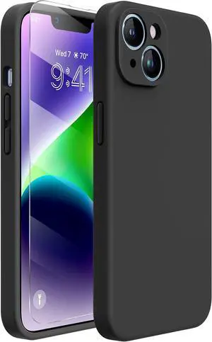 Designed for iPhone 14 Case with Screen Protector [Upgraded Enhanced Camera Protection] Shockproof Liquid Silicone Case with Microfiber Lining 6.1 inch Black