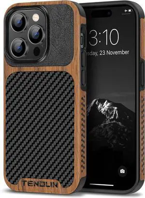 Compatible with iPhone 14 Pro Max Case Wood Grain with Carbon Fiber Texture Design Leather Hybrid Slim Case Black