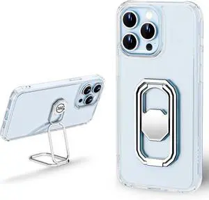 for iPhone 15 Pro Max Case with Metal Stand Phone Case Clear with Double Ring Holder Finger Kickstand [Foldable & Adjustable] Shockproof Protective Cover - Transparent