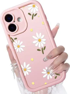 Compatible with iPhone 16 Case Creative Flower Pattern Design Girls Women Liquid Silicone Cover Thicker Frame Shockproof and Scratch-Resistant Soft Case for iPhone 16 - Pink
