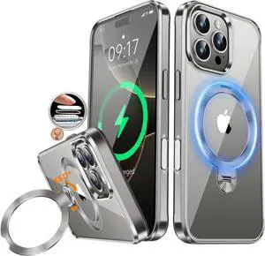 [CD Metal Ring & Invisible 360° Spin Stand] Magnetic Case for iPhone 16 Pro Max [Electroplated Shockproof Bumper ][Compatible with Mag Safe]Cover with Stand for Women Men Slim Clear Natural Titanium