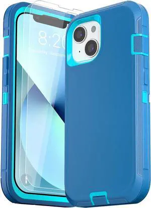 for iPhone 13 Case (6.1) with 2 Tempered Glass Screen Protector [Heavy Duty Military-Grade Full Body Drop Protection] Shockproof Tough Durable 6.1 InchBlue