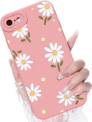 Compatible with iPhone SE/8/7 Phone Case Fashion Flower Pattern Design Girls Women Liquid Silicone Cover Slim Shockproof and Scratch-Resistant Soft Case for iPhone SE/8/7- Pink
