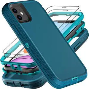 for iPhone 11 Case Military Grade 3 in 1 Heavy Duty Shockproof/Drop Proof/Dust Proof Case with 2Pcs Tempered Glass Screen Protector (Blue/Turquoise)
