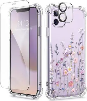 for iPhone 11 Case with Screen Protector + Camera Lens Protector [Not-Yellowing] Clear Soft TPU Shockproof Protective Cover for Women Girls Flower Pattern Phone Case 6.1(Floratopia/Colorful)