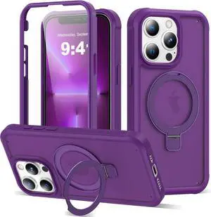 Compatible with iPhone 13 Pro Max Case with Magnetic Ring Stand [Compatible with Mag-Safe] [Built-in Screen Protector] Military-Grade Drop Protection Matte Translucent Phone Case Dark Purple