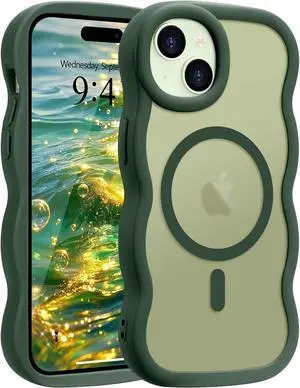 for iPhone 14/15 Plus Case Curly Wave Frame Hard Translucent Clear Cover for Women Men Compatible with Magsafe TPU Shockproof Protective Phone Case for iPhone 15/14 Plus Green