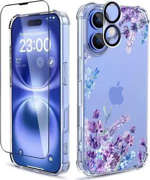 for iPhone 16 Case [3 in 1] with Screen Protector & Camera Lens Protector Flower Pattern Design Clear Soft Shockproof Slim Floral Phone Cover for Women Girls 2024 6.1 (Lavender/Purple)