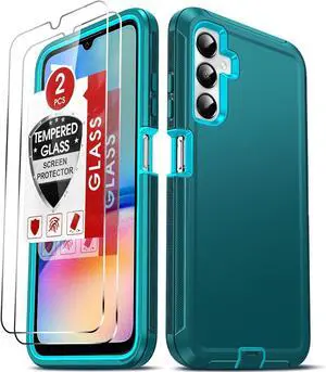 Compatible for  Galaxy A05S Case:  A05S 4G Cover with 2Pcs Tempered Glass Screen Protector Heavy Duty 3 in 1 Shockproof Android Cell Phone Basic Case fara Ao5S 4G 6.7 Teal Blue