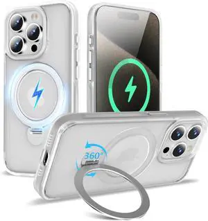 2025 Upgraded 360° Rotatable Magnetic Ring Stand for iPhone 15 Pro Case 6.1 Military Drop Protection Compatible with MagSafe Matte Translucent Phone Case for iPhone 15 Pro Frosted White