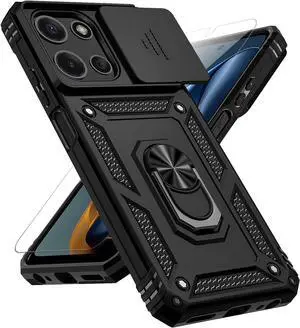for Motorola Moto G 2025 Case with Slide Camera Cover HD Screen Protector [Military Grade 16ft. Drop Tested] Magnetic Ring Holder Kickstand Protective Phone Case for Motorola Moto G 2025 Black