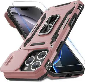 Case for iPhone 16 Pro Max with Slide Camera Cover+Screen Protector (1 Pack) Rotated Ring Kickstand Military Grade Shockproof Protective Cover-Rose Gold