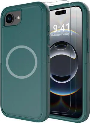 for iPhone 16e Case [Compatible with MagSafe] [Shockproof] [Dropproof] [with Screen Protector ] Heavy Duty Protection Phone Case Cover for  iPhone 16e 2025 6.1 inch (Dark Green)