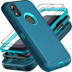 for iPhone XR Case Military Grade 3 in 1 Heavy Duty Shockproof/Drop Proof/Dust Proof Case with 2Pcs Tempered Glass Screen Protector (Blue/Turquoise)