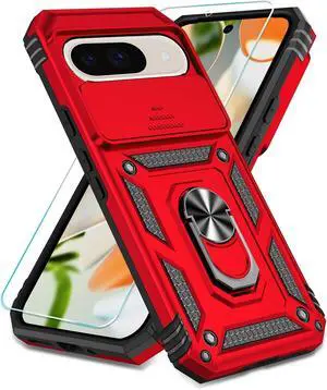 Phone Case for Google Pixel 9 / Pixel 9 Pro Case with HD Screen Protector & Slide Camera Cover & Rotated Ring Kickstand [Military-Grade] Phone Case for Google Pixel 9 / Pixel 9 Pro (Red)