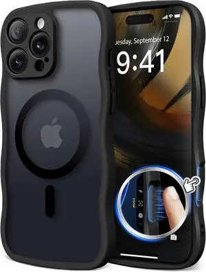 for iPhone 16 Pro Max Case for Women Girls Upgraded [Full Camera Protection] [Compatible with MagSafe] Cute Wave Translucent Matte Phone Case for iPhone 16 Pro Max Black