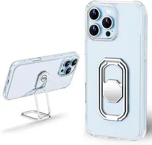 for iPhone 16 Pro Max Case with Metal Stand Phone Case Clear with Double Ring Holder Finger Kickstand [Foldable & Adjustable] Shockproof Protective Cover - Transparent