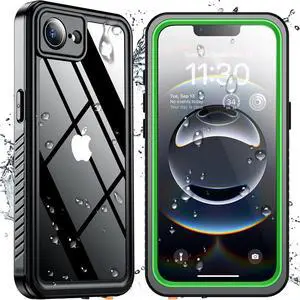 for iPhone 16e Case Waterproof Built-in Screen & Camera Lens Protector[IP68 Underwater] [Military Grade Shockproof] Cell Phone Home Button Stickers Green/Clear
