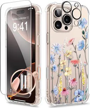 for iPhone 16 Pro Max Case with Screen Protector & Camera Lens Protector [Military Grade Protection] Clear Shockproof Slim Floral Phone Cover for Women Girls 6.9 (Aconite/Light Blue)