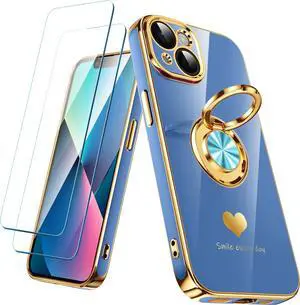 Compatible for iPhone 13 Case with 2 Pack Screen Protector 360° Rotatable Ring Holder [Luxury Hearts Pattern] Plating Gold Edge Slim Soft Phone Cover Case for iPhone 13 - Lake Blue